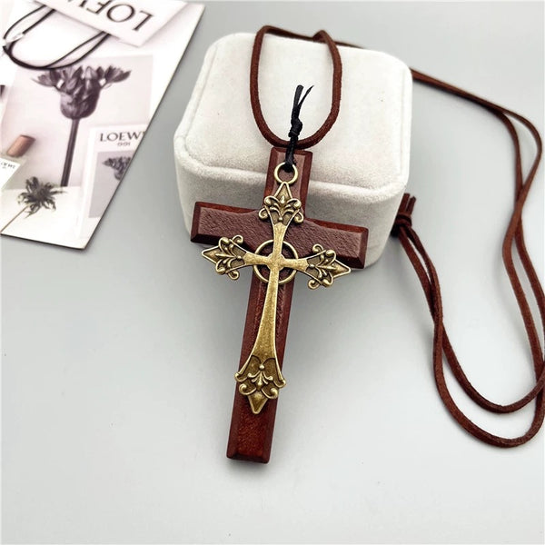 Wood and Metal Dual-Layer Cross Necklace
